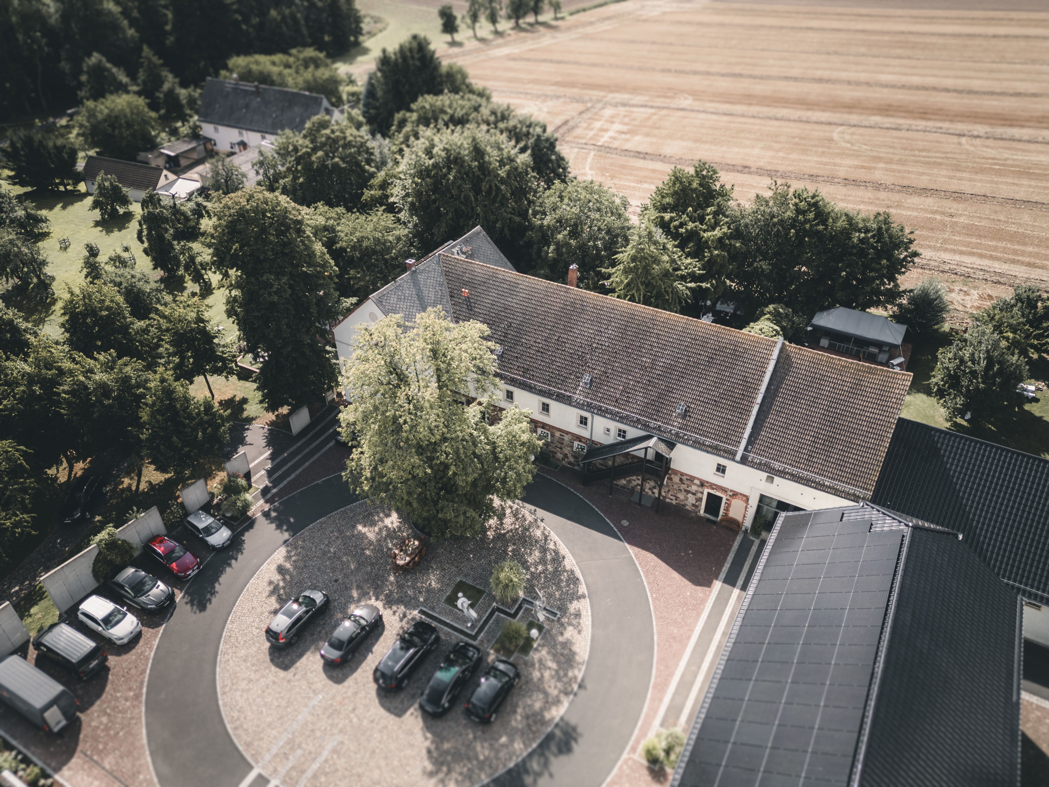 Eine beeindruckende Drohnen-Luftaufnahme des historischen Hofguts Munz in Leisnig, umgeben von grünen Bäumen und weiten Feldern in Sachsen.