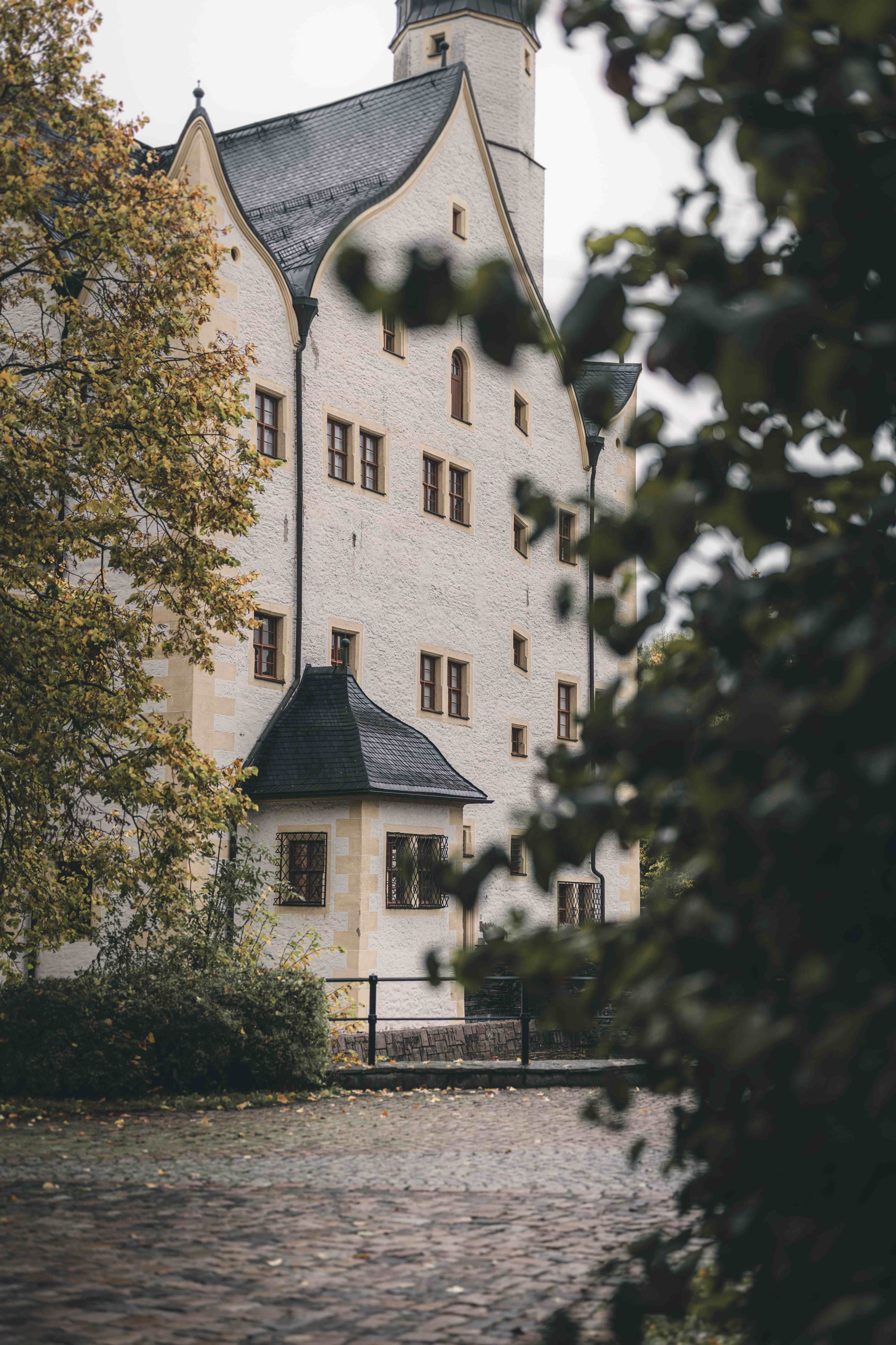 Blick durch grünes Laub auf die helle Fassade und das geschwungene Dach des Wasserschlosses Klaffenbach in Sachsen.