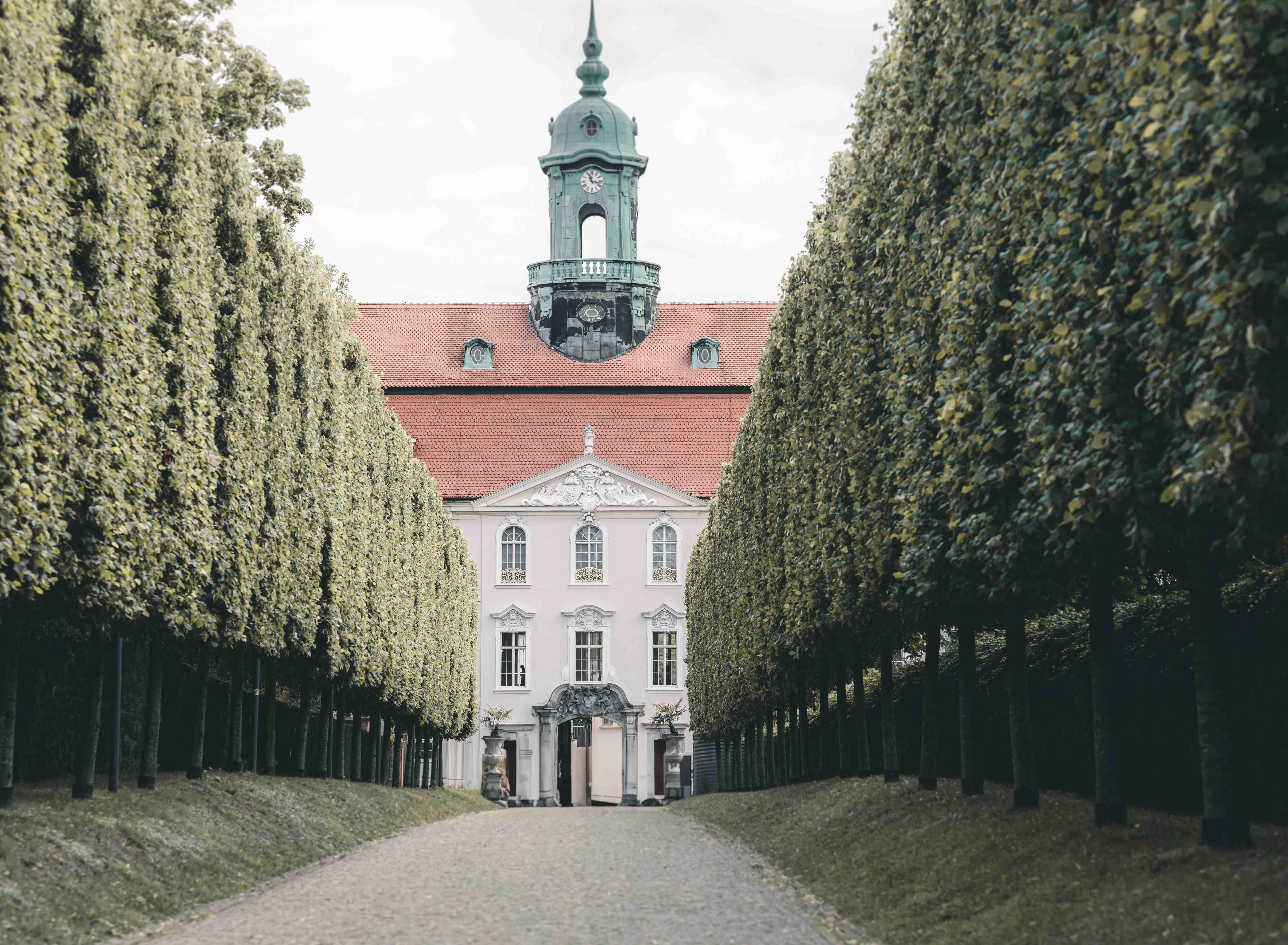 Symmetrische Außenansicht von Schloss Lichtenwalde bei Chemnitz, umrahmt von hohen, perfekt geschnittenen Allee-Bäumen im Barockgarten.